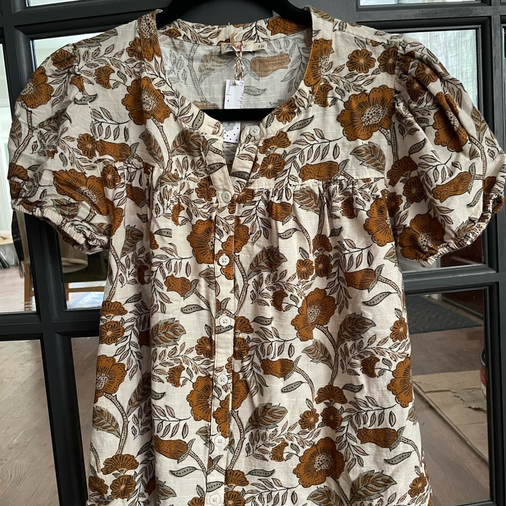 Faherty Brown Floral Button-Down Blouse - image 1